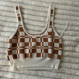 Brown and White Checkered Knit Crop Top